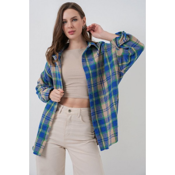 Ekose Desen Oversize Oduncu Gömlek 3854 Mavi Gri