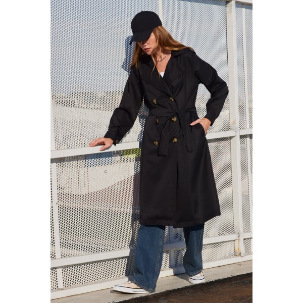 5853 Kruvaze Yaka Trençkot - Siyah