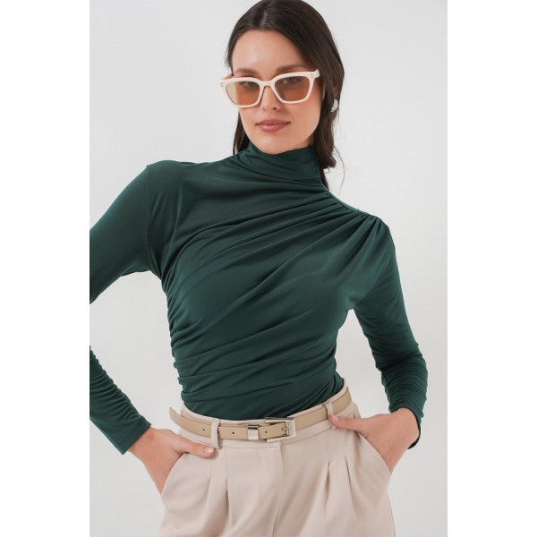925 Büzgü Detaylı Sandy Bluz - Zümrüt Yeşili