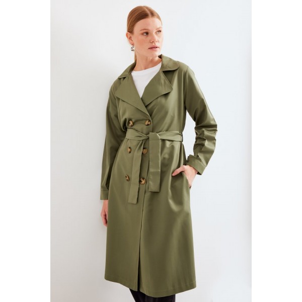 5853 Kruvaze Yaka Trençkot - Haki