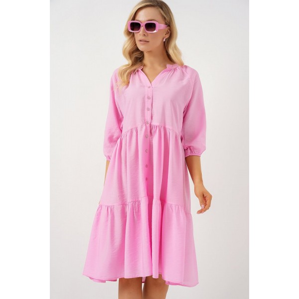 Düğmeli Kısa Kol Elbise 2559 - Pembe