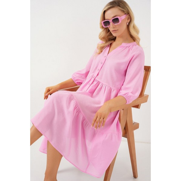 Düğmeli Kısa Kol Elbise 2559 - Pembe