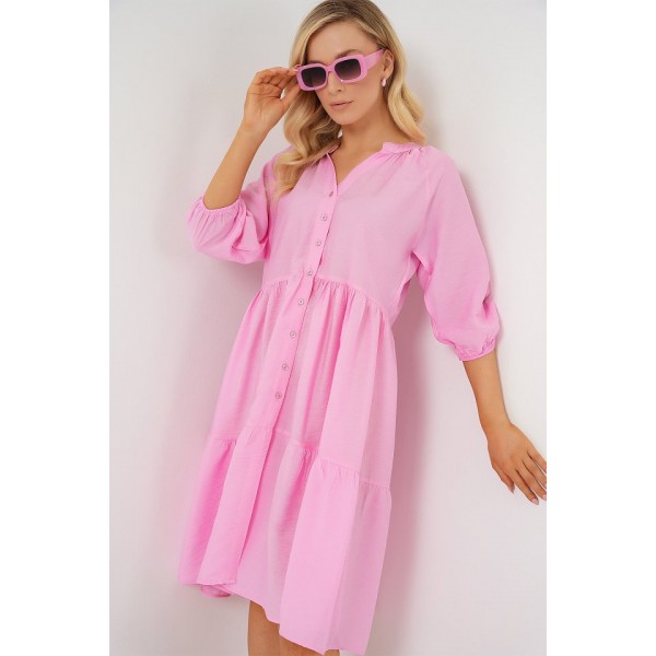Düğmeli Kısa Kol Elbise 2559 - Pembe