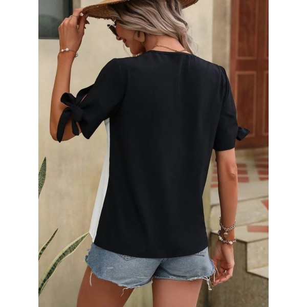 Kadın Kısa Kollu Kollardan Bağlamalı önden Asimetrik Kesim çift Renk Detaylı Düğmeli Ithal Krep Bluz