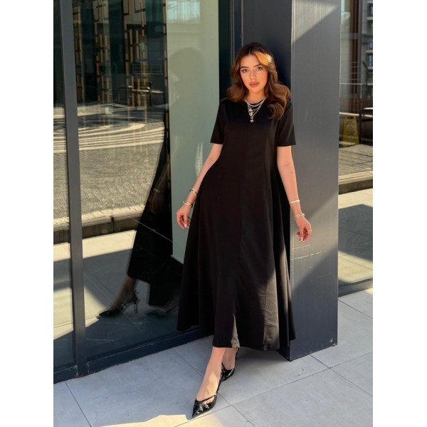 Kadın Kısa Kollu Bisiklet Yaka Maksi Boy Ithal Krep Elbise