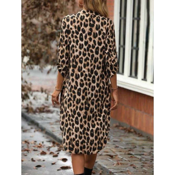 Kadın Leopar Desenli Cep Detay Kolu Manşetli Moskrep Gömlek Elbise
