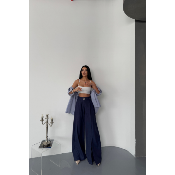 SALAŞ ÖNDEN YIRTMAÇ DETAYLI BEL KEMERLİ PANTOLON - Lacivert