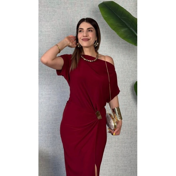 Kadın Kısa Kollu Tek Omuzdan Açık Beli Lastikli Sandy Maxi Elbise