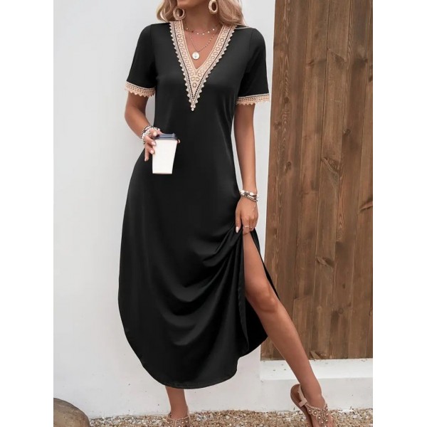 Kadın Kısa Kollu Dantel V Yakalı Uzun Viskon Elbise