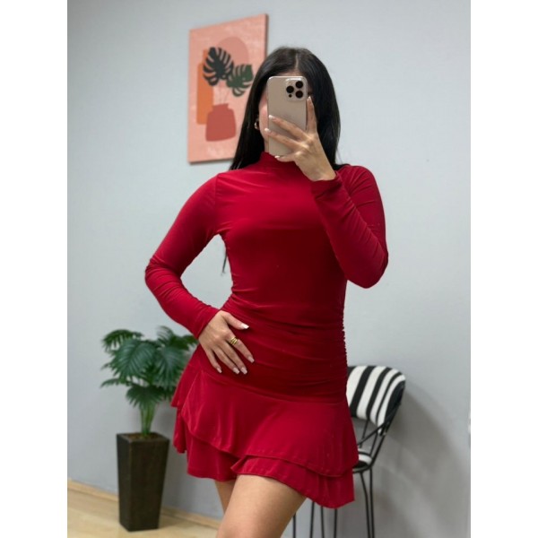 Kadın Uzun Kollu Balıkçı Yaka Mini Fırfırlı Sandy Elbise