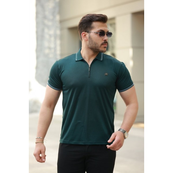 Erkek Yaka Ve Kolları çizgi Detaylı Fermuar Yakalı Kısa Kollu Tişört