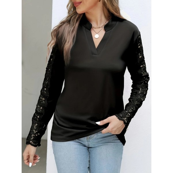Kadın Uzun Kollu Hakim Yaka Kolları Dantel Detaylı Ithal Krep Bluz