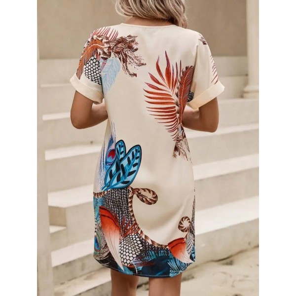 Kadın Kısa Kollu V Yakalı Desenli Mini Atlas Elbise