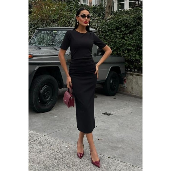 Beli Büzgülü Midi Elbise 2853