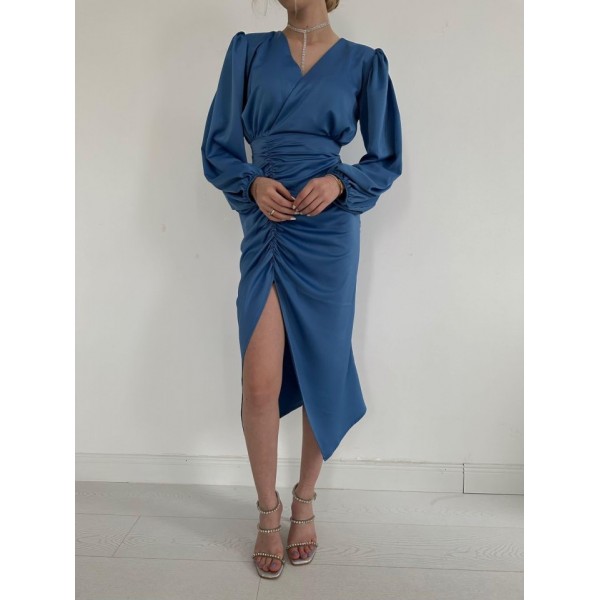 Mavi V Yaka Saten Elbise