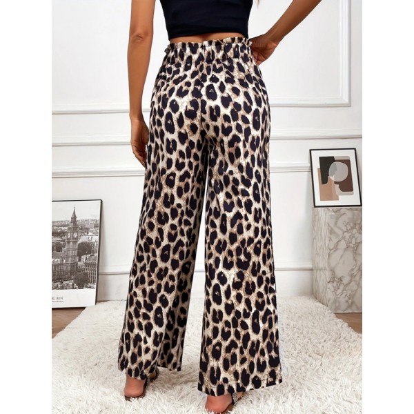 Kadın Yüksek Bel Beli Lastikli Bağcıklı Leopar Desenli Süprem Pantolon
