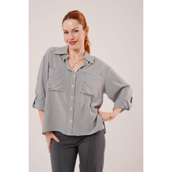 Yarasa Kol Çizgili Cep Detaylı Gri Gömlek