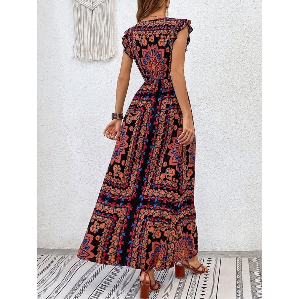 Kadın Kısa Kollu V Yakalı Deseni Yırtmaçlı Süprem Elbise