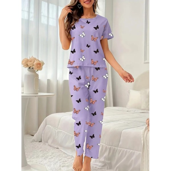 Kadın Kısa Kollu Bisiklet Yaka Kelebek Baskılı Süprem Ikili Takım