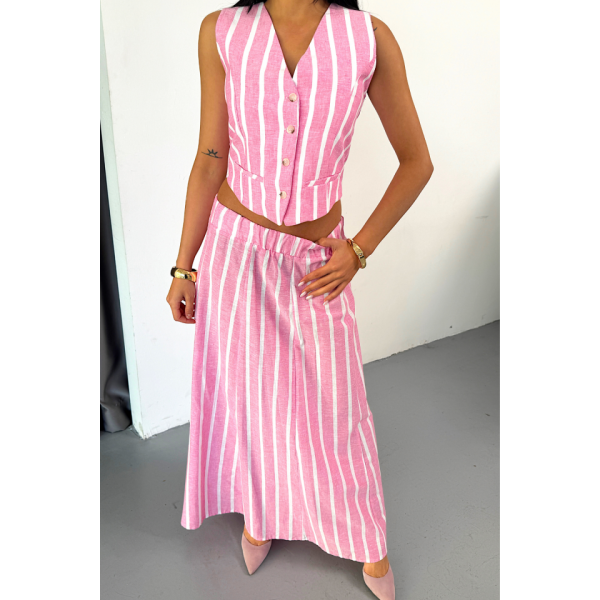 KETEN ÇİZGİLİ YELEK - UZUN ETEK TAKIM - Pembe