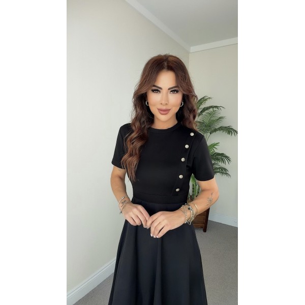 Kadın Kısa Kollu Bisiklet Yaka Gold Düğme Detay Midi Boy Elbise