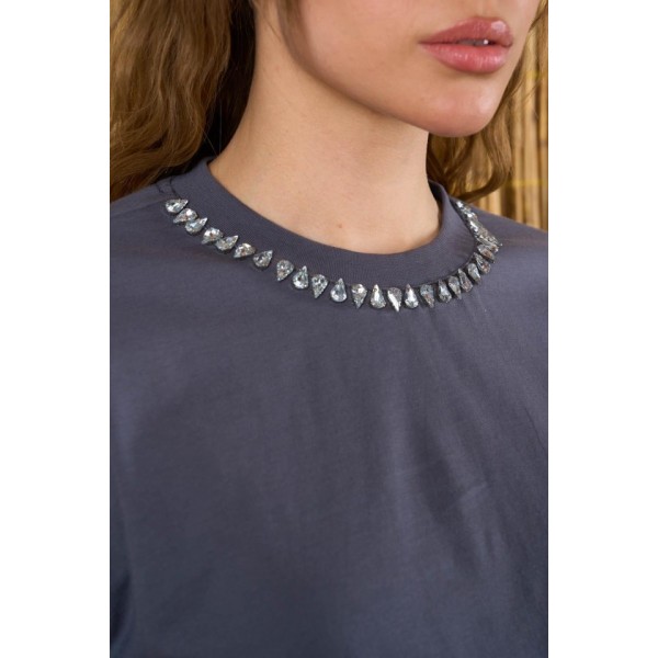 Yakası Taşlı Tshirt - Füme