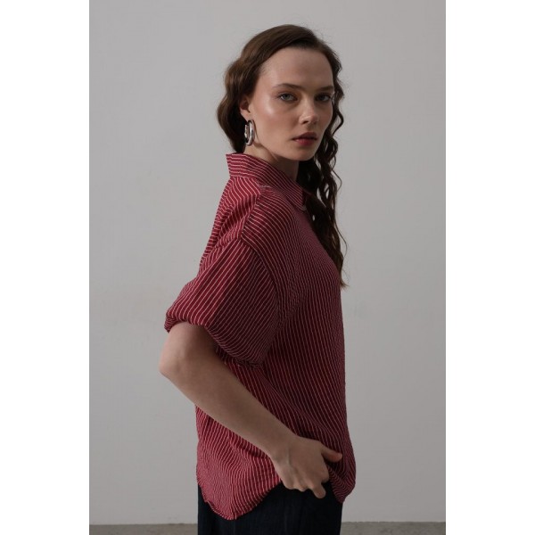 Yarım Balon Kol Çizgili Gömlek - Bordo