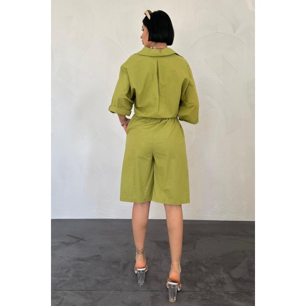 Yağ Yeşili Kısa Kollu Keten Gömlek Ve Şort Takım