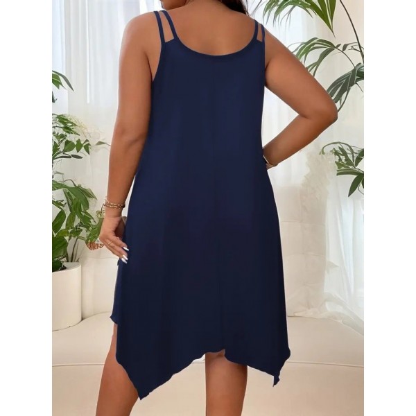 Kadın Askılı Yuvarlak Asimetrik Kesim Detaylı Viskon Elbise