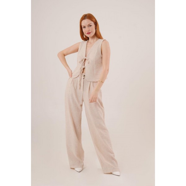 Ön Bağlama Detaylı Yelek Ve Pantolon Taş İkili Takım