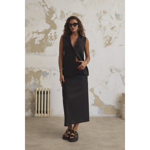 Keten Haki̇m Yaka Kolsuz Gömlek Etek Takim