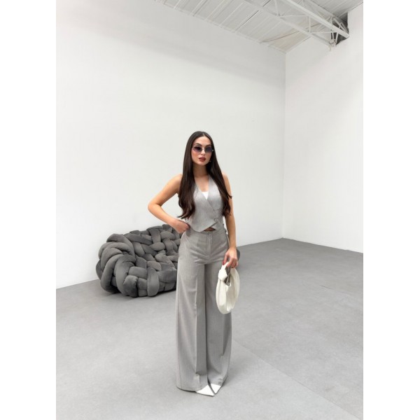 Toskana Çi̇zgi̇li̇ Kruvaze Yaka Tek Düğmeli̇ Yelek Pantolon Takim