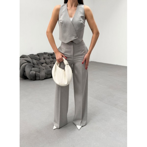 Toskana Çi̇zgi̇li̇ Kruvaze Yaka Tek Düğmeli̇ Yelek Pantolon Takim