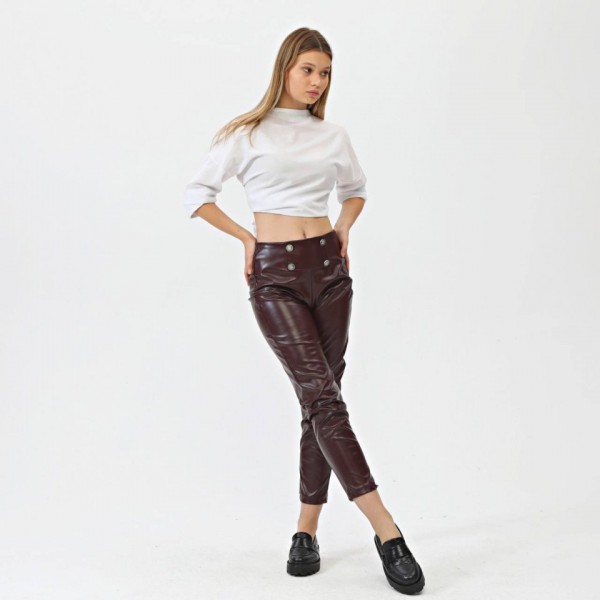 Düğmeli̇ Yan Fermuarli Deri̇ Pantolon