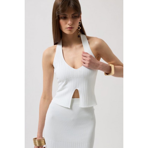 V Detay Dokulu Crop Bluz