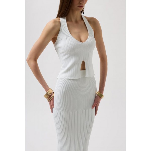 V Detay Dokulu Crop Bluz