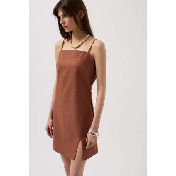 İp Askılı Yırtmaç Detay Keten Mini Elbise