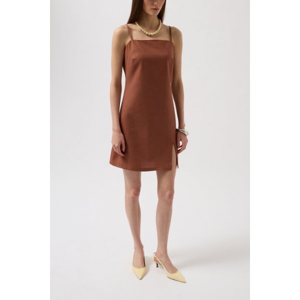 İp Askılı Yırtmaç Detay Keten Mini Elbise