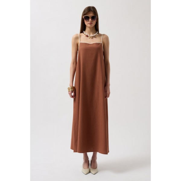Şerit Detay Keten Maxi Elbise