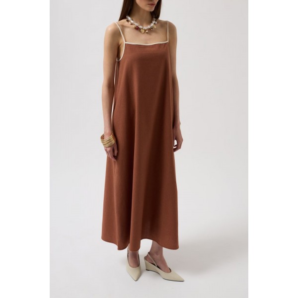 Şerit Detay Keten Maxi Elbise