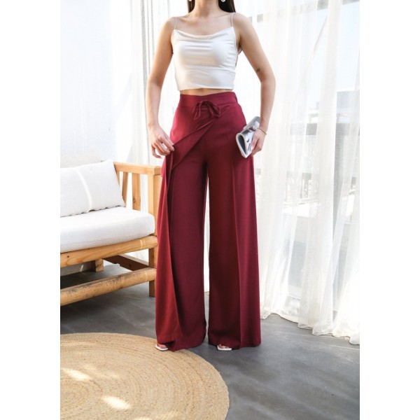 Keten Önü Çapraz Parçali Lasti̇kli̇ Ve Bağcikli Geni̇ş Paça Pantolon