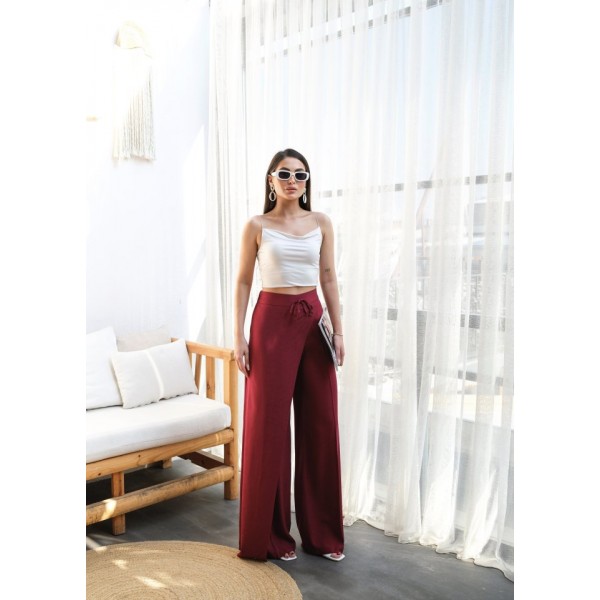 Keten Önü Çapraz Parçali Lasti̇kli̇ Ve Bağcikli Geni̇ş Paça Pantolon