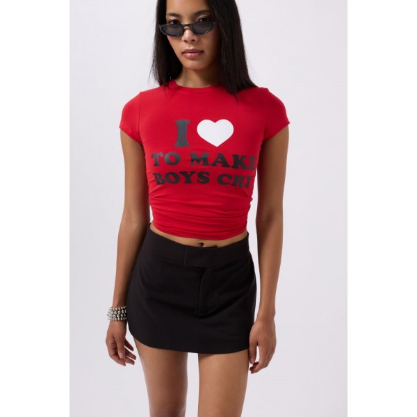 Nakış Detay Baskılı Crop T-Shirt