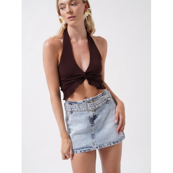 Kemer Detay Denim Mini Etek