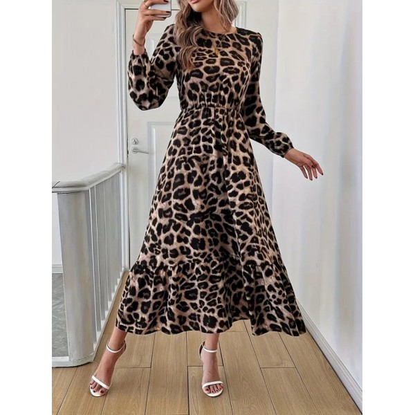 Uzun Kollu Bisiklet Yaka Leopar Desenli Midi Süprem Elbise