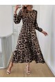 Uzun Kollu Bisiklet Yaka Leopar Desenli Midi Süprem Elbise