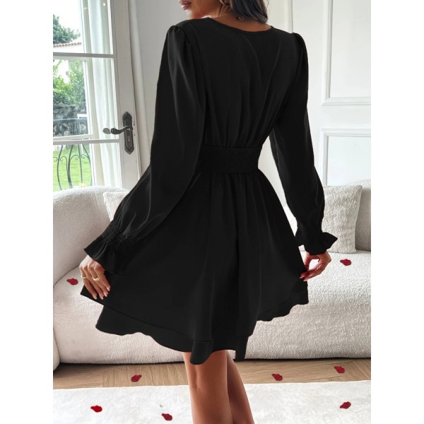Kadın Uzun Kollu Kruvaze Yakalı Mini Sandy Elbise