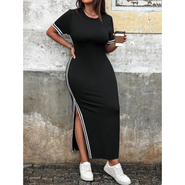 Kadın Kısa Kollu Bisiklet Yaka Yandan şerit Ve Yırtmaçlı Viskon Iki Iplik Elbise