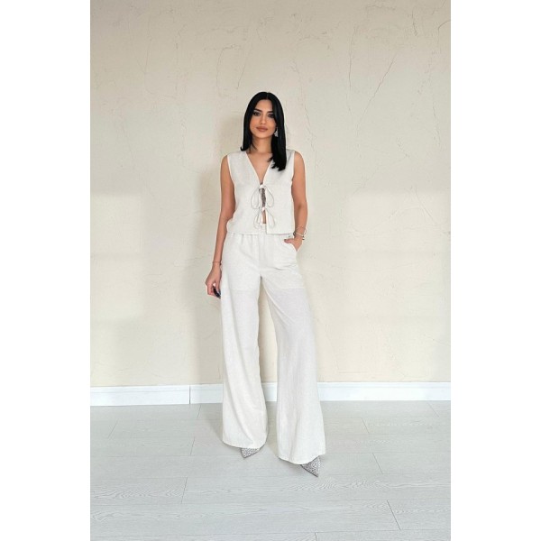 Bej Önü Fiyonklu Keten Takım