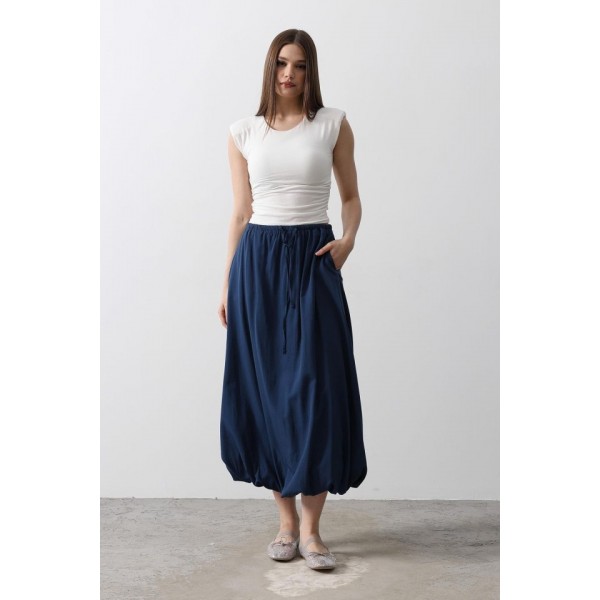 Beli Bağlamalı Balon Etek - İndigo